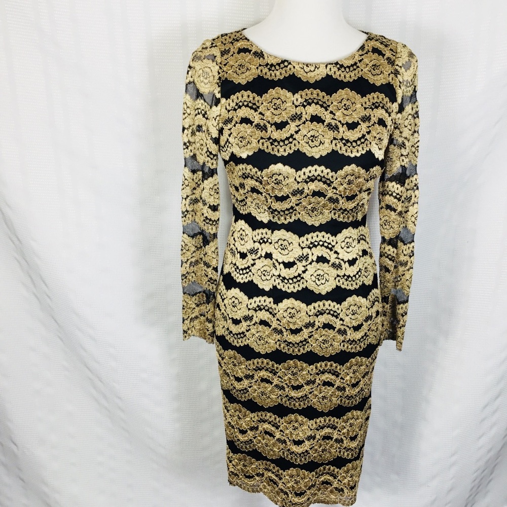 Cremieux Black & Gold Lace Dress Long Sleeve Size2‎